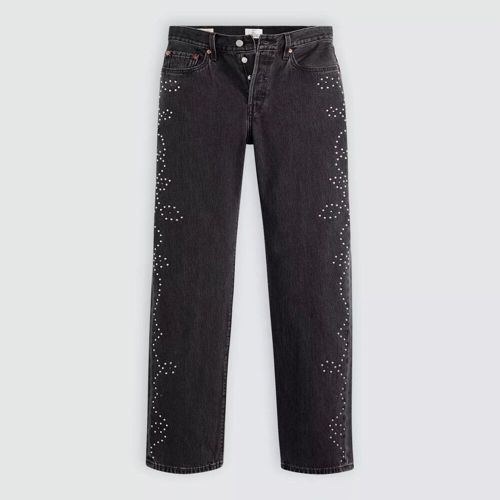 NWT $128 Levi's Premium 501 '90s Black Denim Studded Western Jeans Women 29x30 - Picture 3 of 16